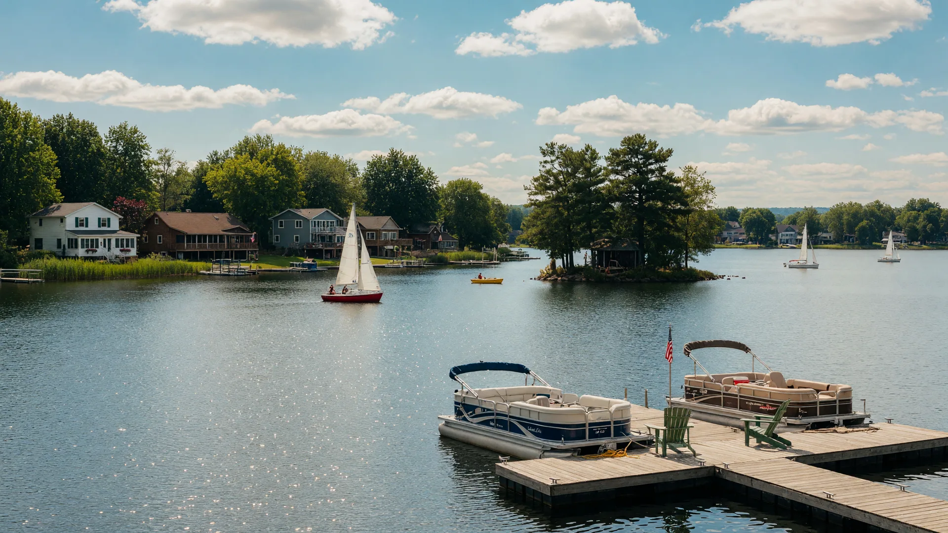 Linden, Michigan's lake chain on a sunny afternoon with Lobdell Lake, a private dock with pontoons, shoreline cottages, and sailboats under a blue sky