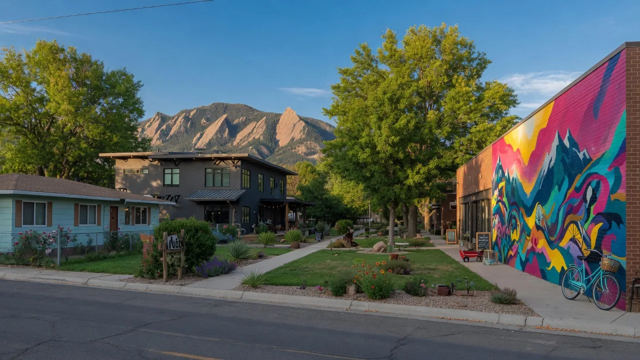 North Boulder street with mid-century homes and Flatirons view
