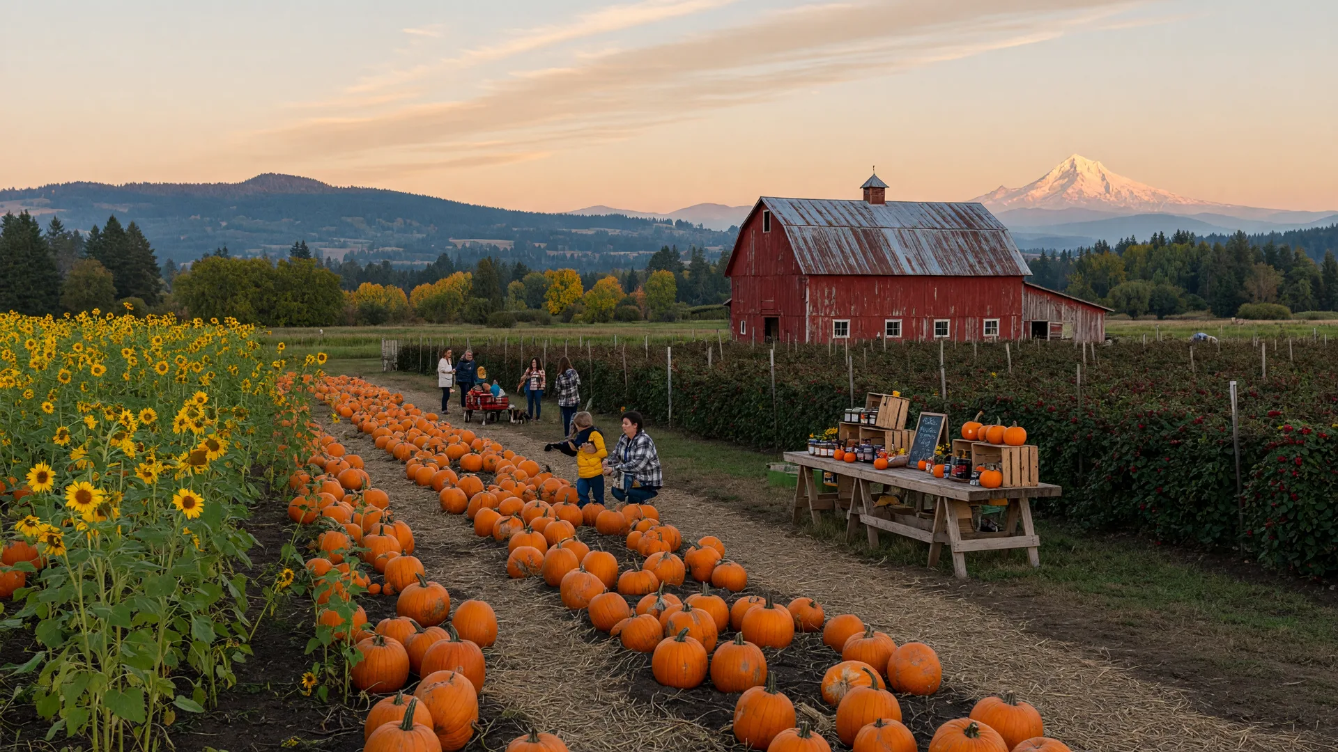 Golden-hour pumpkin patch and berry farm in the Portland countryside with a red barn and Mount Hood on the horizon