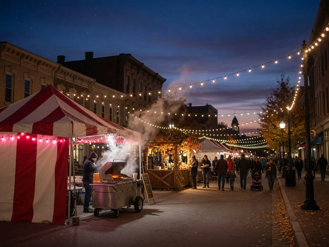 A fall evening festival on a historic Pennsylvania downtown street with string lights, a striped vendor tent, and food stalls