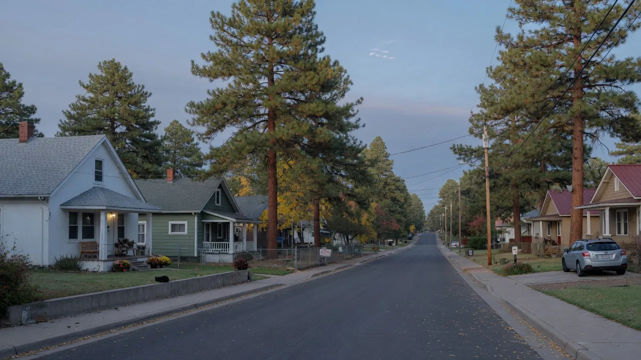 Flagstaff single-family homes among ponderosa pines under a cool blue-grey autumn sky