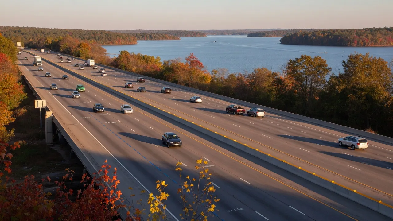 I-77 highway near Lake Norman with autumn foliage and lake water visible in the distance during golden hour