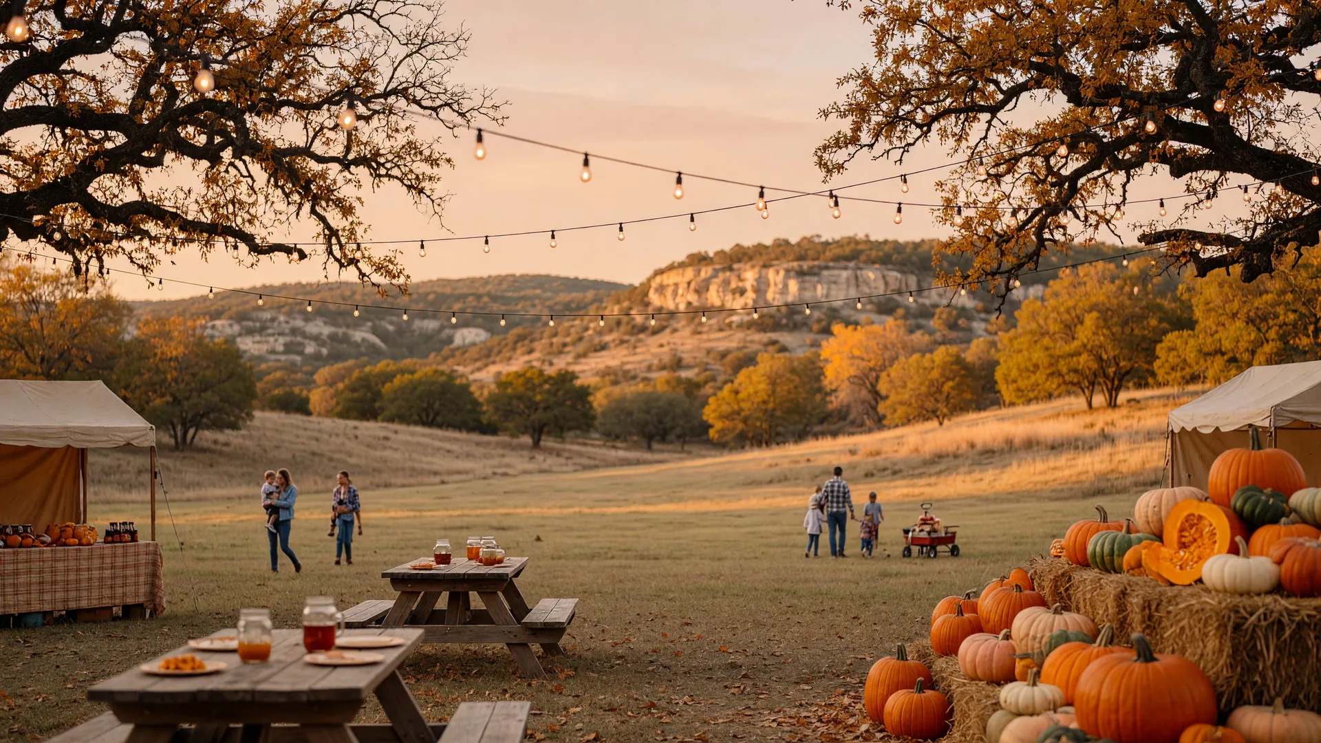A hill country October festival at golden hour: string lights over live oaks, picnic tables and vendor booths in soft focus, a pumpkin stand and hay bales at the edge of the frame, rolling hills beyond