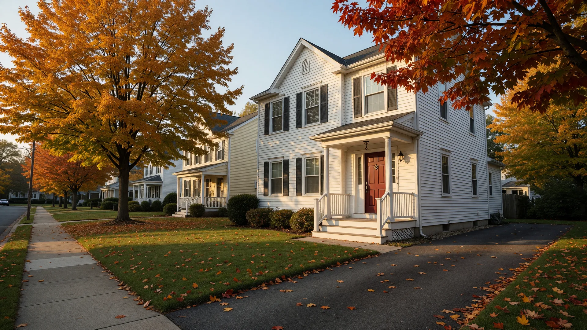 Colonial-style home on a tree-lined South Jersey street in golden October light