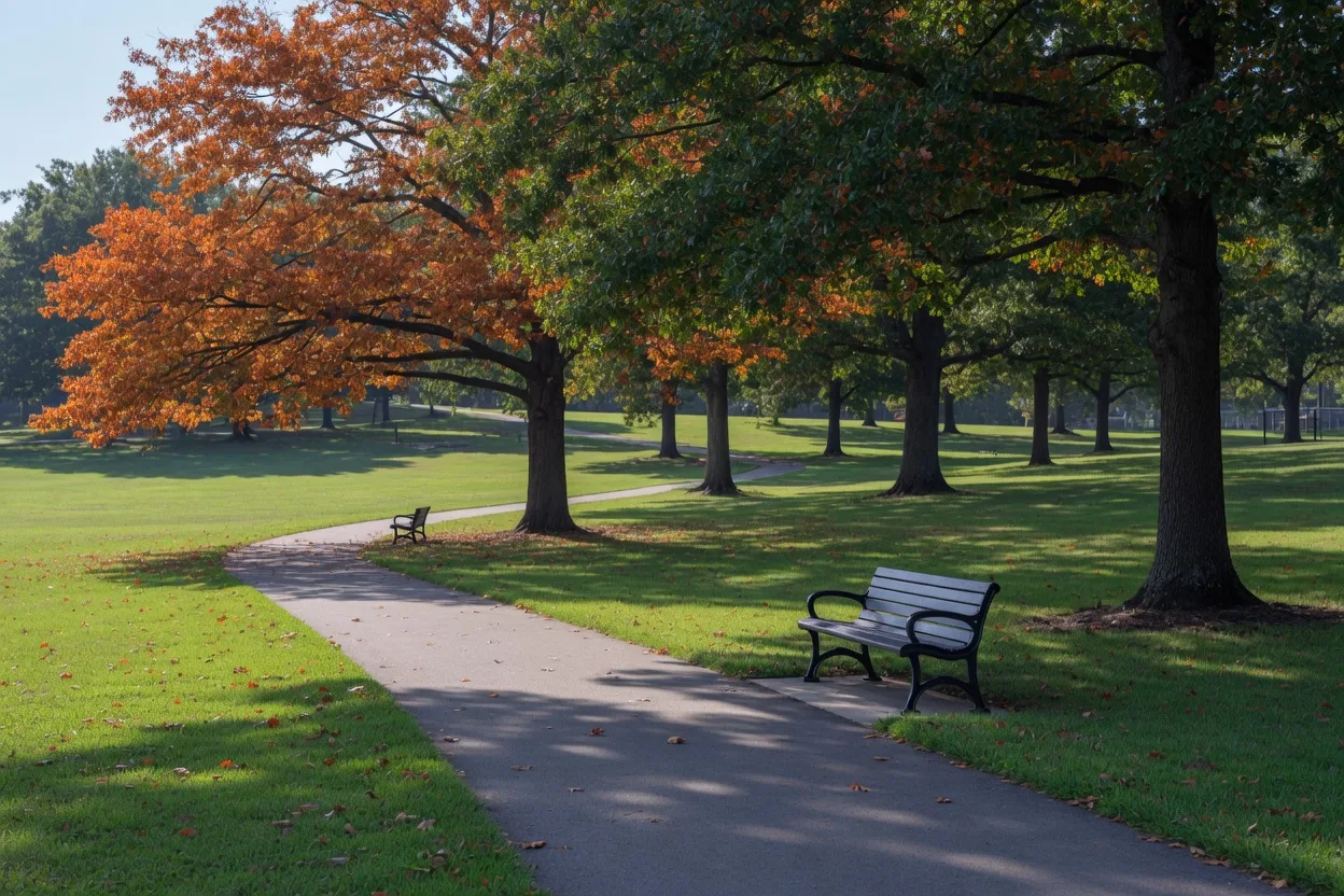 Bright daylight view of green park space and trails near Rockville
