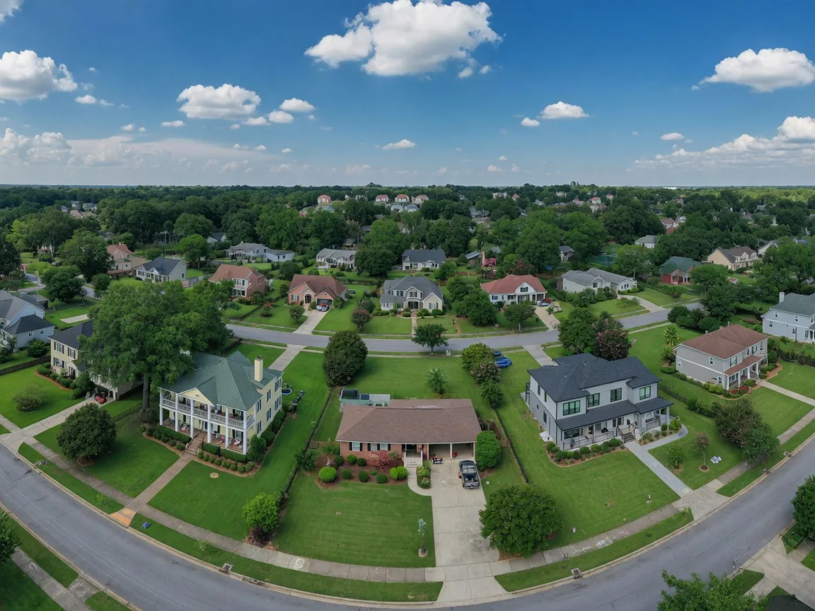 Aerial view of Aiken SC neighborhoods showing the variety of homes and property types in the local market.