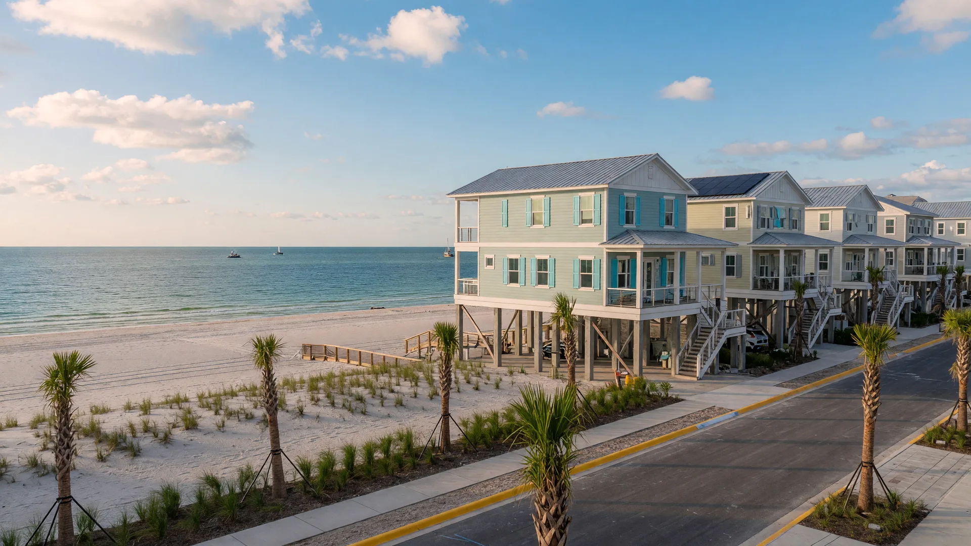 Rebuilt elevated coastal homes on Fort Myers Beach, Florida