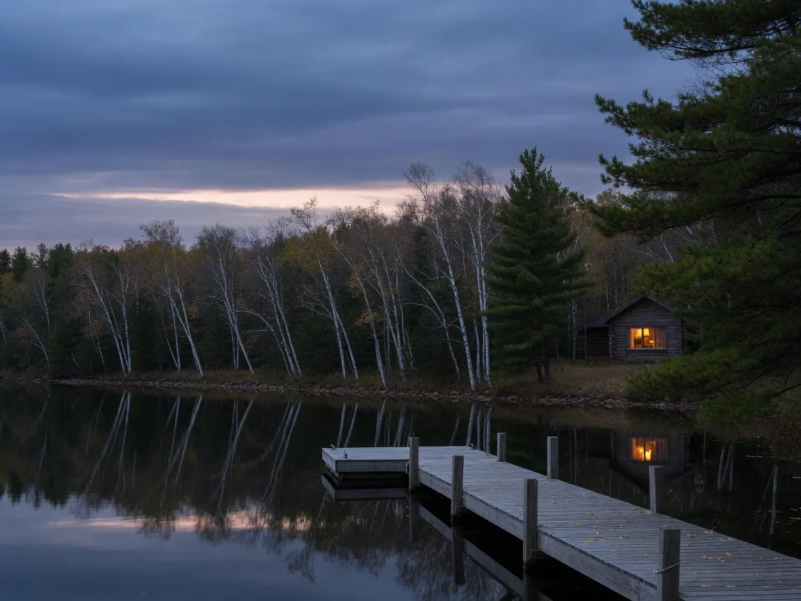 A quiet lakeside dock at dusk in early October, with a single cabin light glowing through the pines