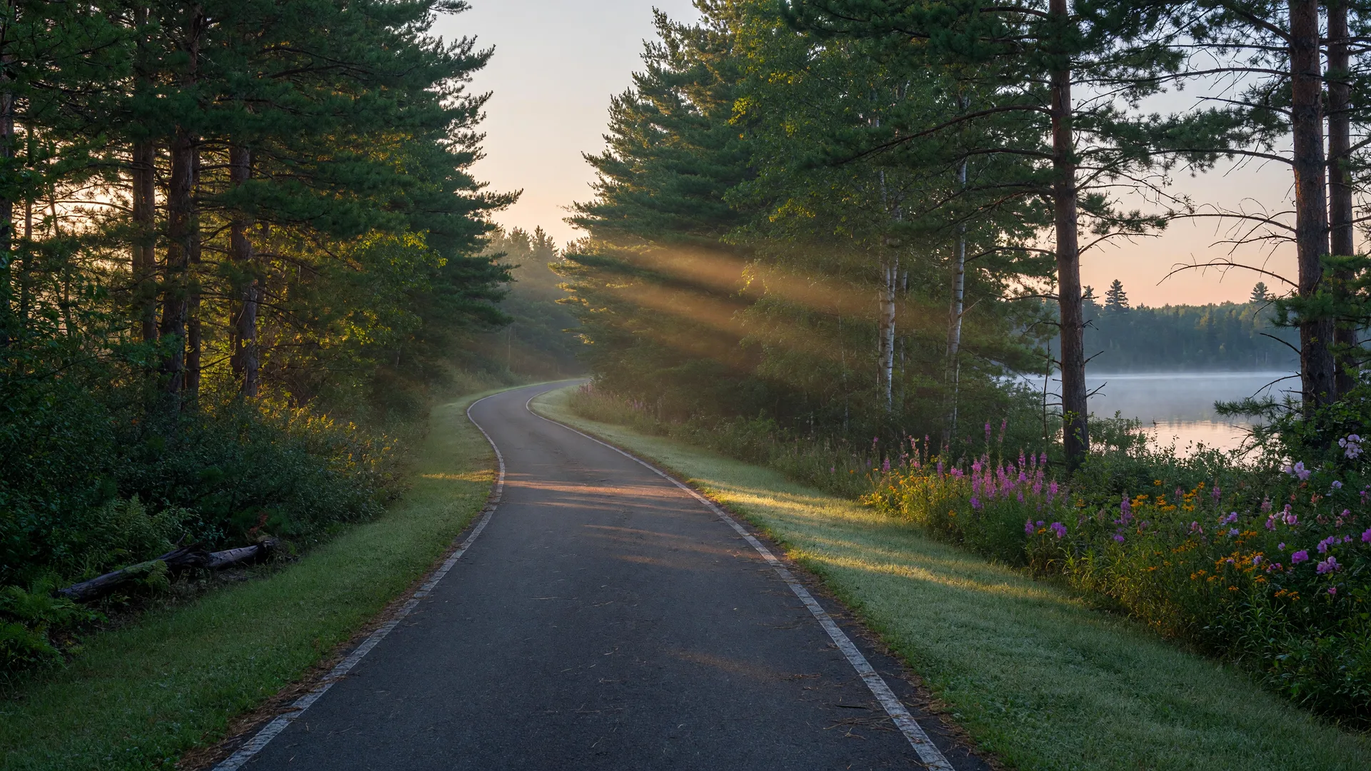 Paved rail-trail through pine forest near Merrifield, Minnesota