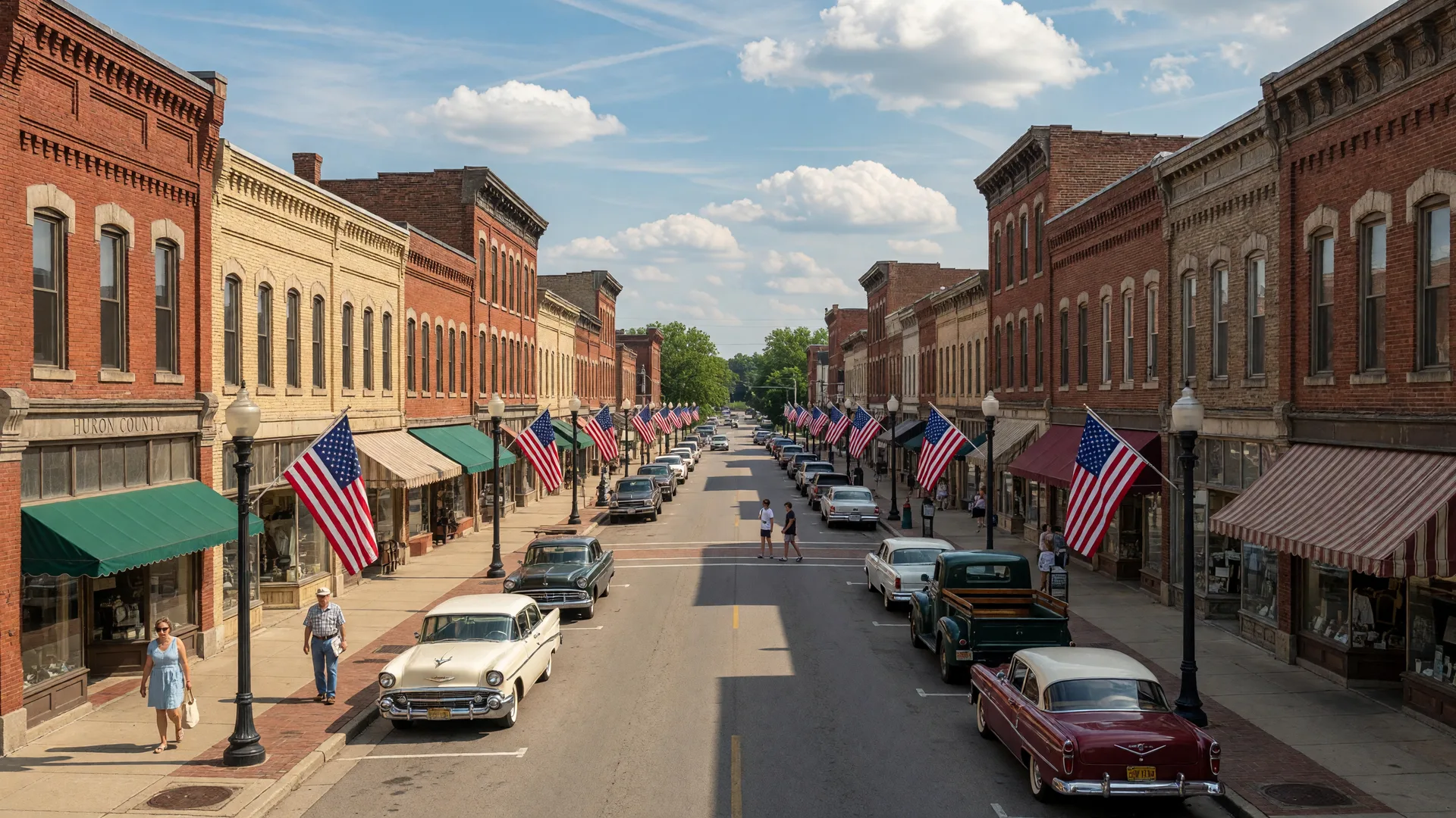 Historic downtown Norwalk, Ohio with brick storefronts and American flags along Main Street on a sunny day