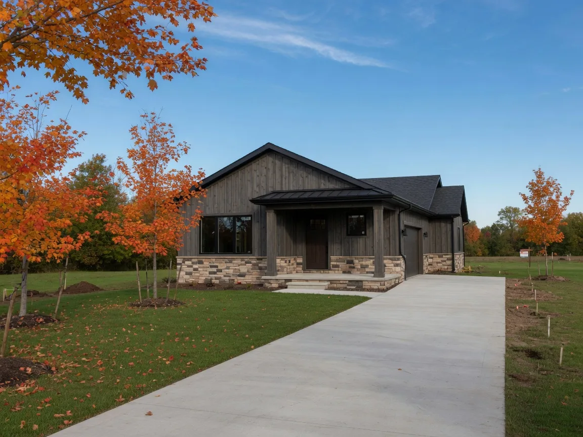 A new board-and-batten ranch home on an autumn homesite with a clean open lot next door in the Liberty Shores area