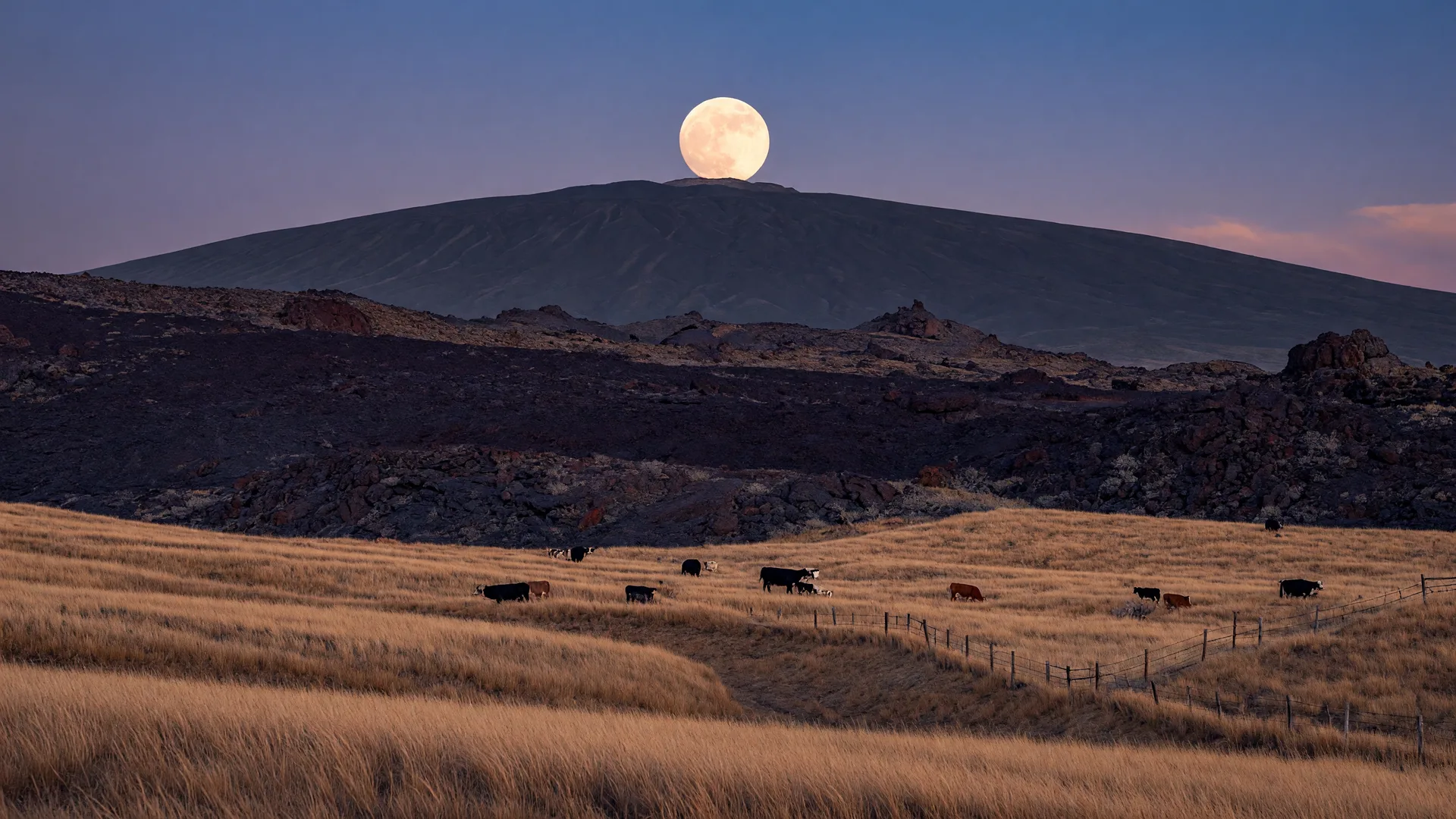 Dry ranch grassland of northwest Hawaiʻi Island at dusk, with a volcanic mountain silhouette and a full moon rising above the summit