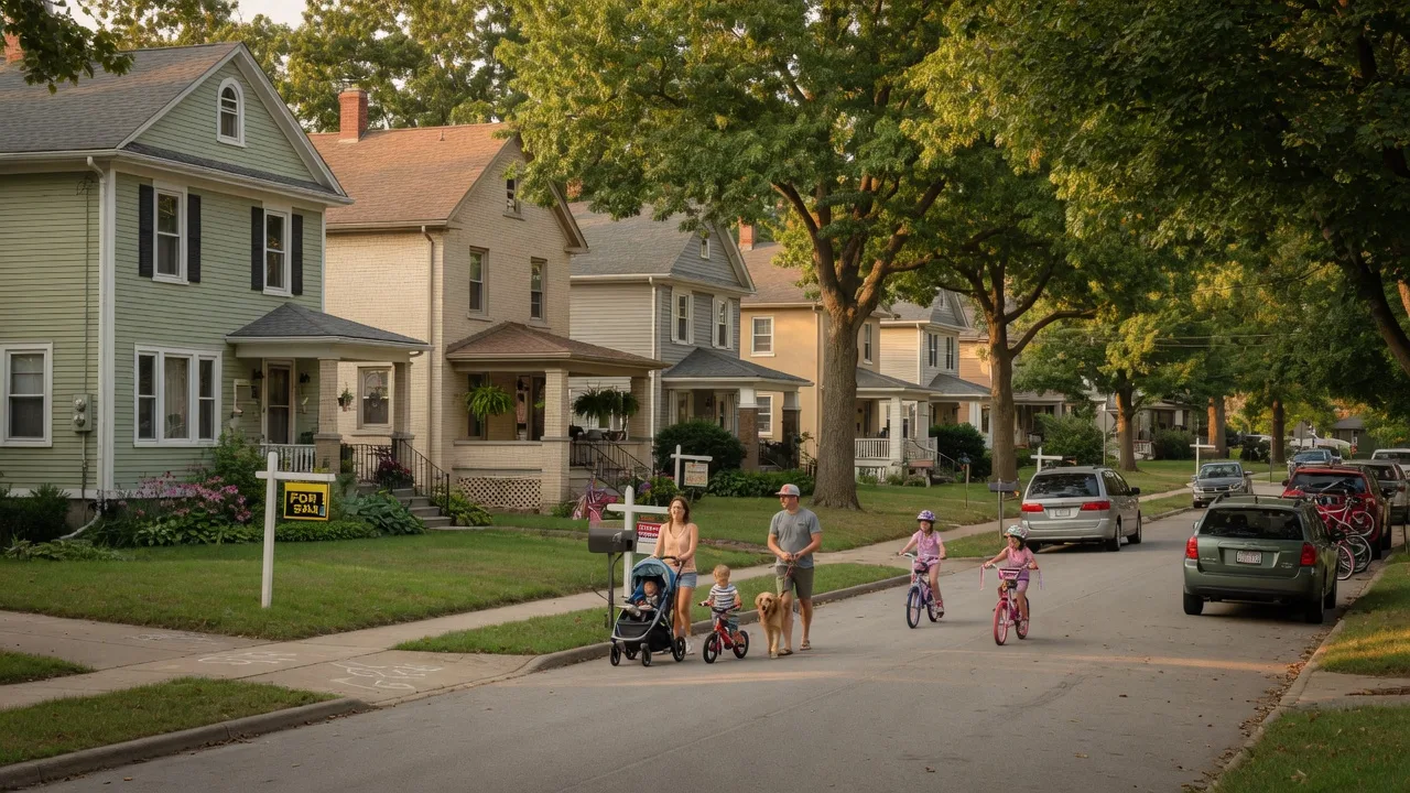 Tree-lined suburban street in Cincinnati with homes and families enjoying a late summer evening