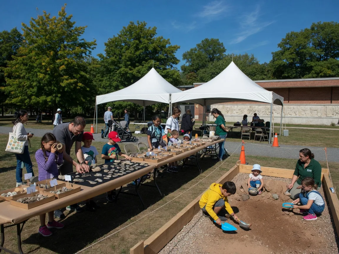 White event tents with hands-on fossil and nature activity tables at an outdoor science festival on a sunny September day