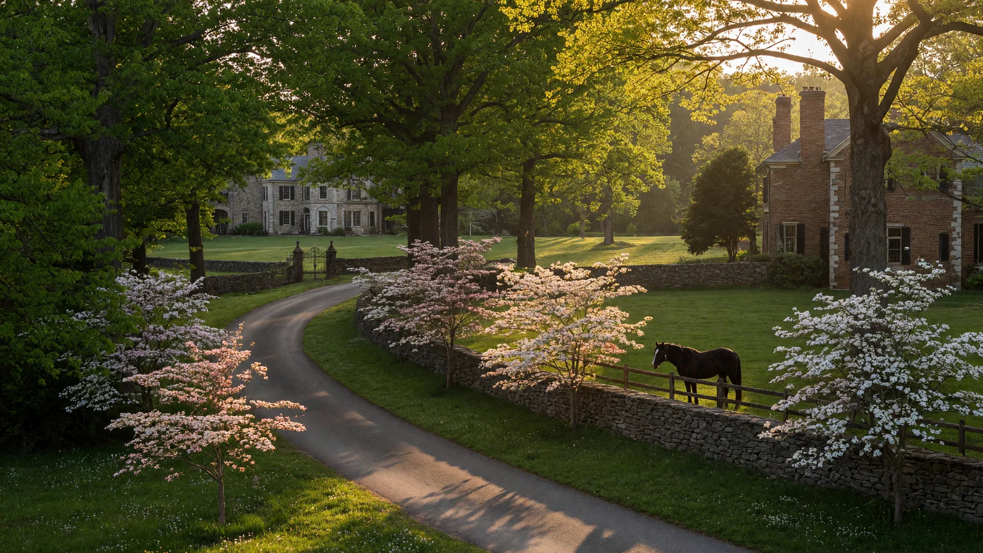 Winding tree-lined country lane in Potomac, Maryland