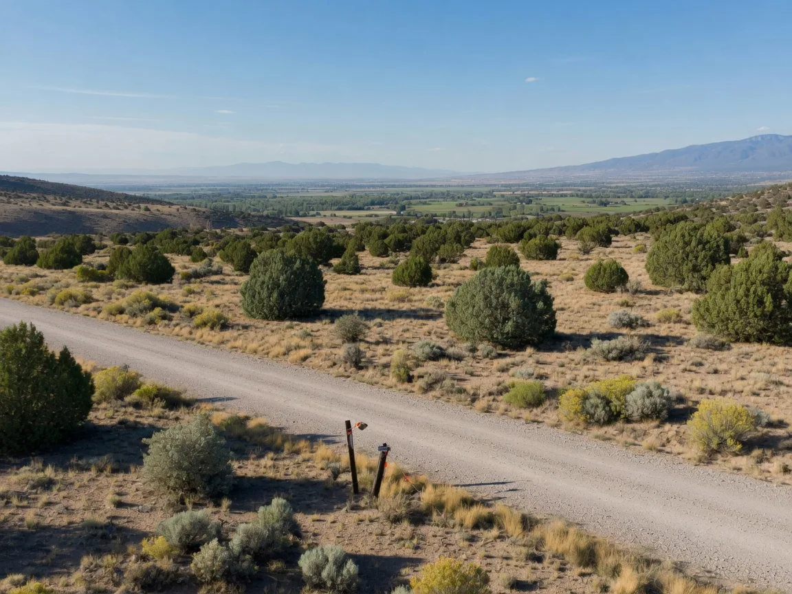 Undeveloped high-desert land in the Albuquerque foothills with piñon and juniper scrub and a quiet gravel road under a blue New Mexico sky