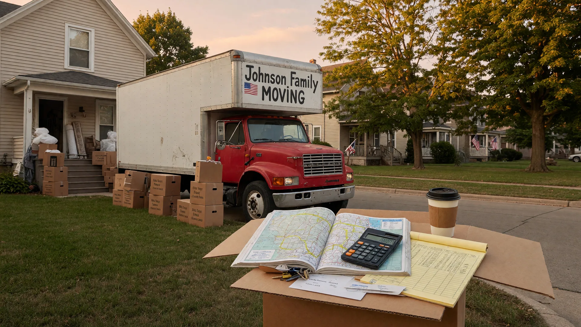 A moving truck parked at the curb in front of a packed home, with stacks of moving boxes, a road atlas, and a calculator in the foreground