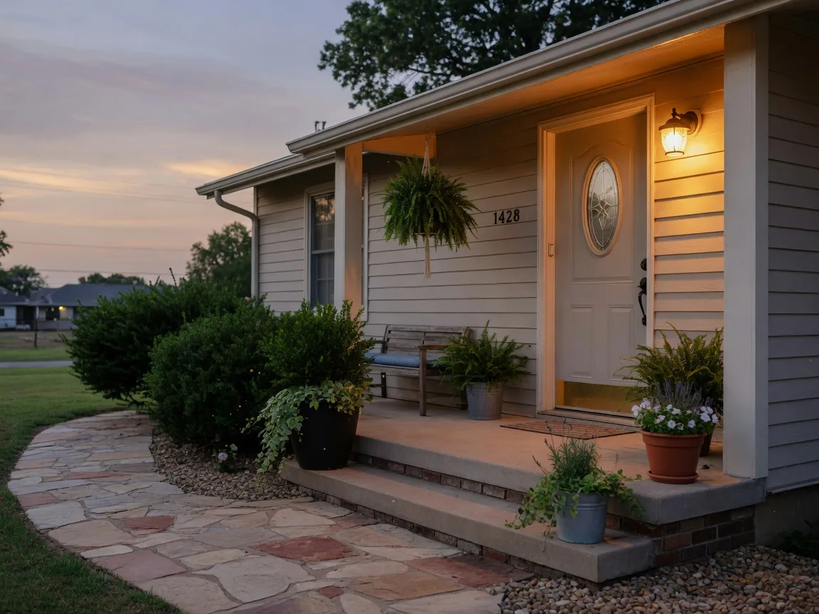 A welcoming front entry with a freshly painted door, potted greenery, and a stone walkway at dusk