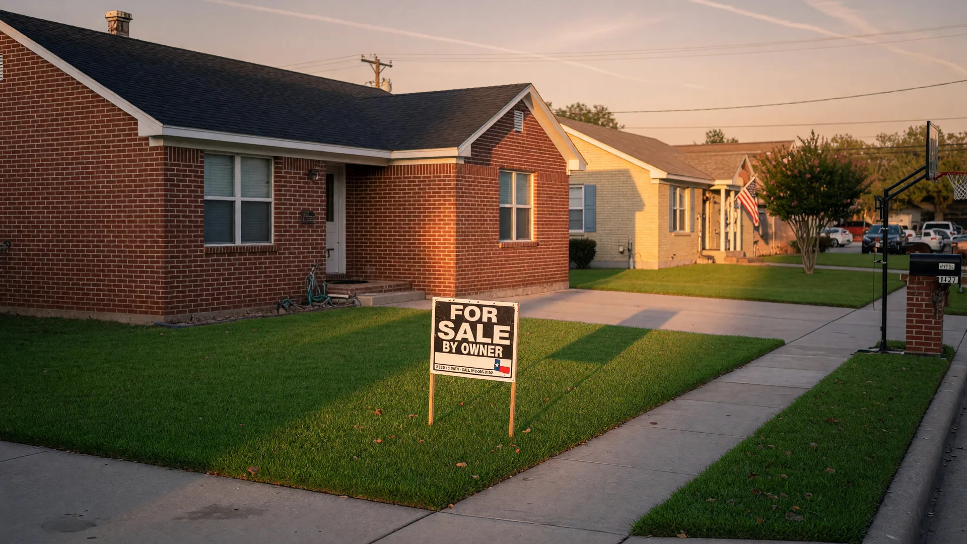 A Texas red brick home with a for sale by owner sign in the front lawn at golden hour
