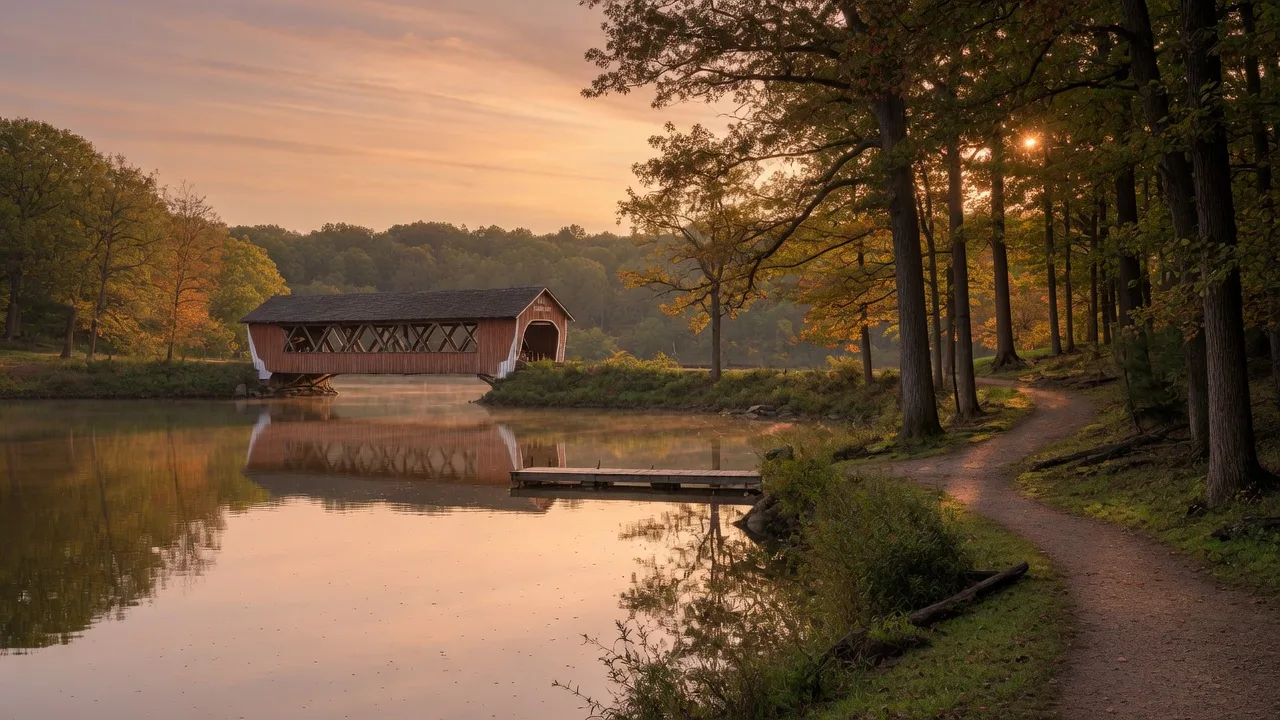 A scenic Ohio nature park with a calm lake reflecting golden-hour sunlight, a historic wooden covered bridge, and a winding trail through a mature hardwood forest
