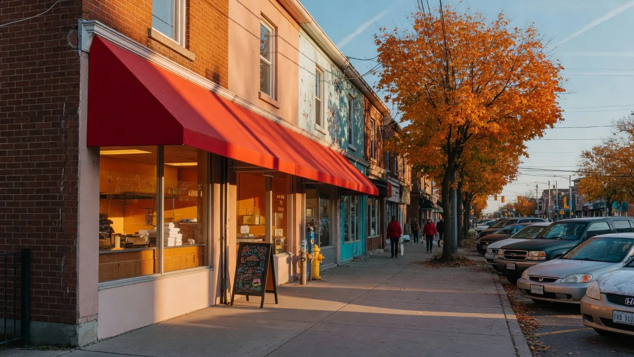 A classic brick fish and chips shop on a tree-lined main street in Pickering, Ontario on a clear late-autumn afternoon, warm light glowing from the front windows beneath a red awning