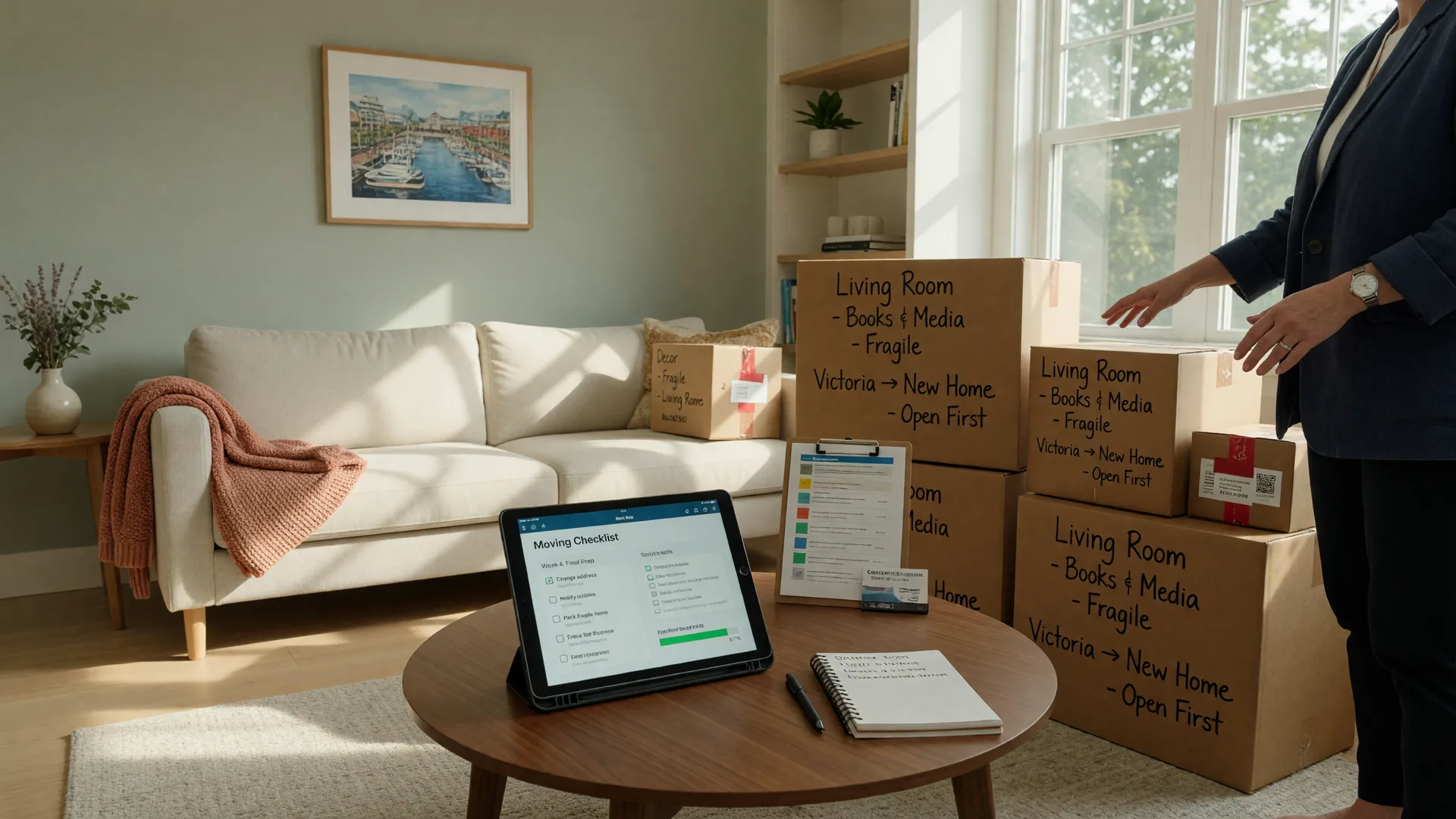 A tablet showing a moving checklist on a coffee table with organized boxes in a bright Victoria living room