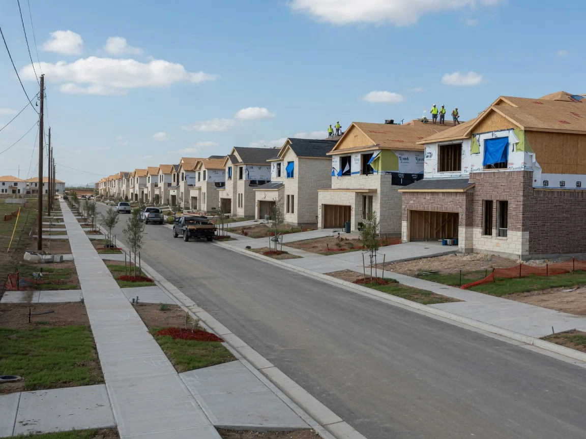Active new-home construction on a freshly prepared street in a Cibolo, Texas area subdivision