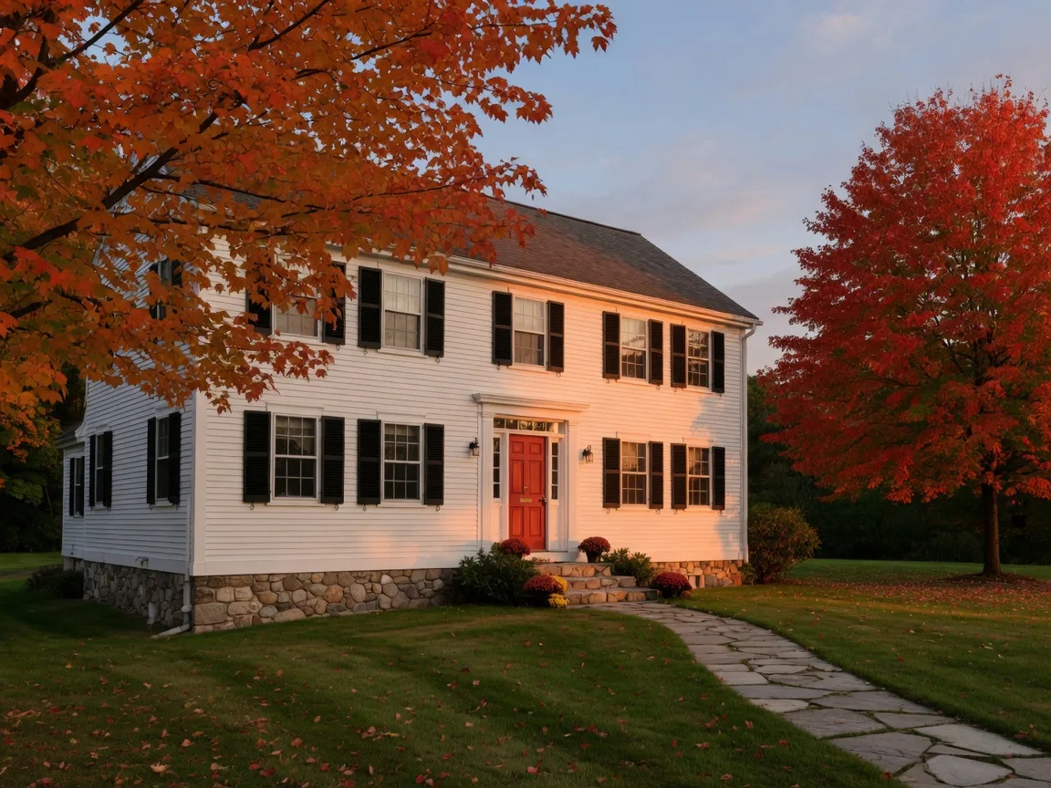 White New England colonial home with black shutters and autumn maples in golden light