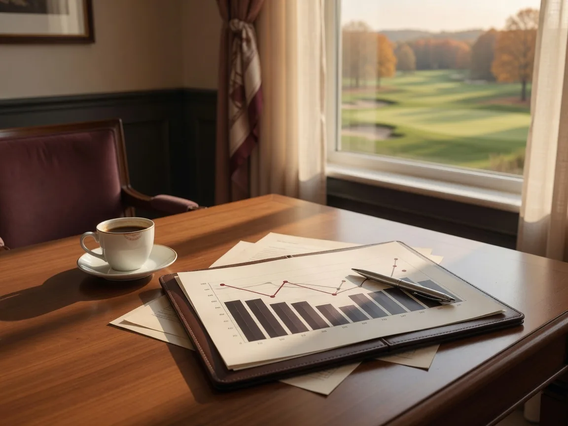 A polished wooden desk with a mortgage rate chart, leather folder, and coffee cup beside a sunlit window overlooking a golf course