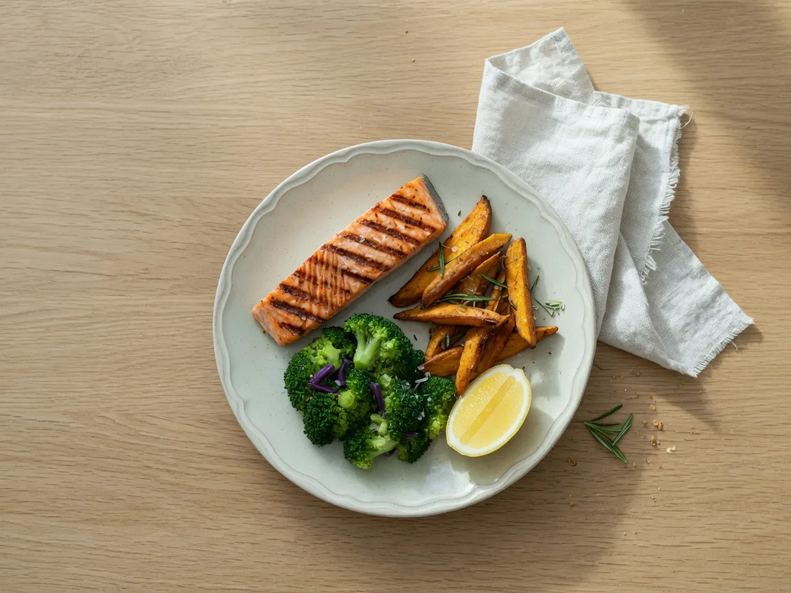 A balanced meal of salmon and vegetables, part of a metabolism-supporting eating pattern