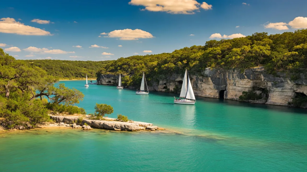 Canyon Lake turquoise water with limestone cliffs and sailboats