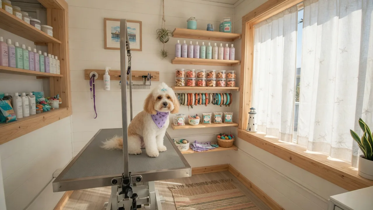 A bright, boutique-style pet grooming salon interior in Imperial Beach with a grooming table, stocked shelves of pet supplies, and warm natural light