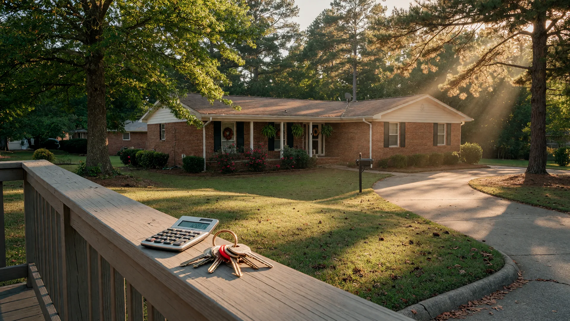 A brick ranch home in a leafy South Carolina Midlands suburb at golden hour, with a calculator and house keys on the porch railing