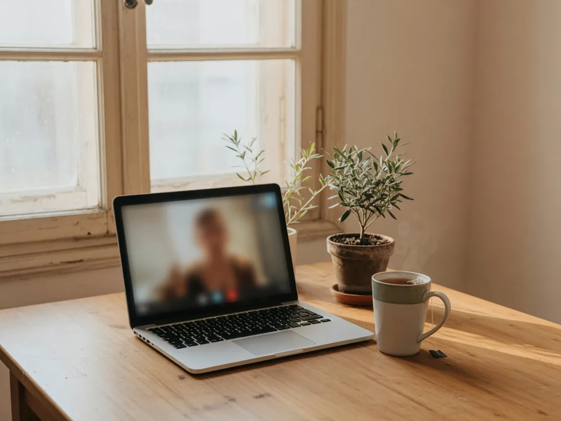 An open laptop on a warm wooden table beside a tall window with a ceramic mug and a small potted olive plant in soft morning light
