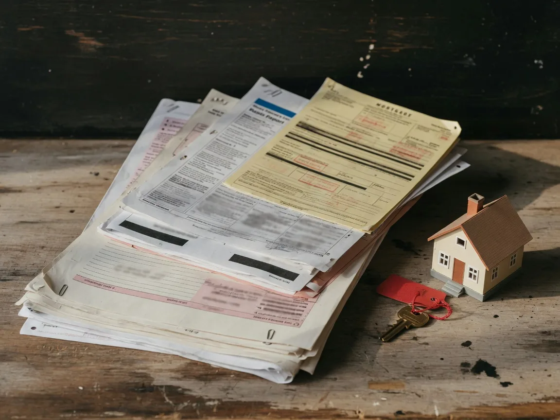 A stack of real estate and title documents on a wooden desk beside a brass key and a small model house, soft window light