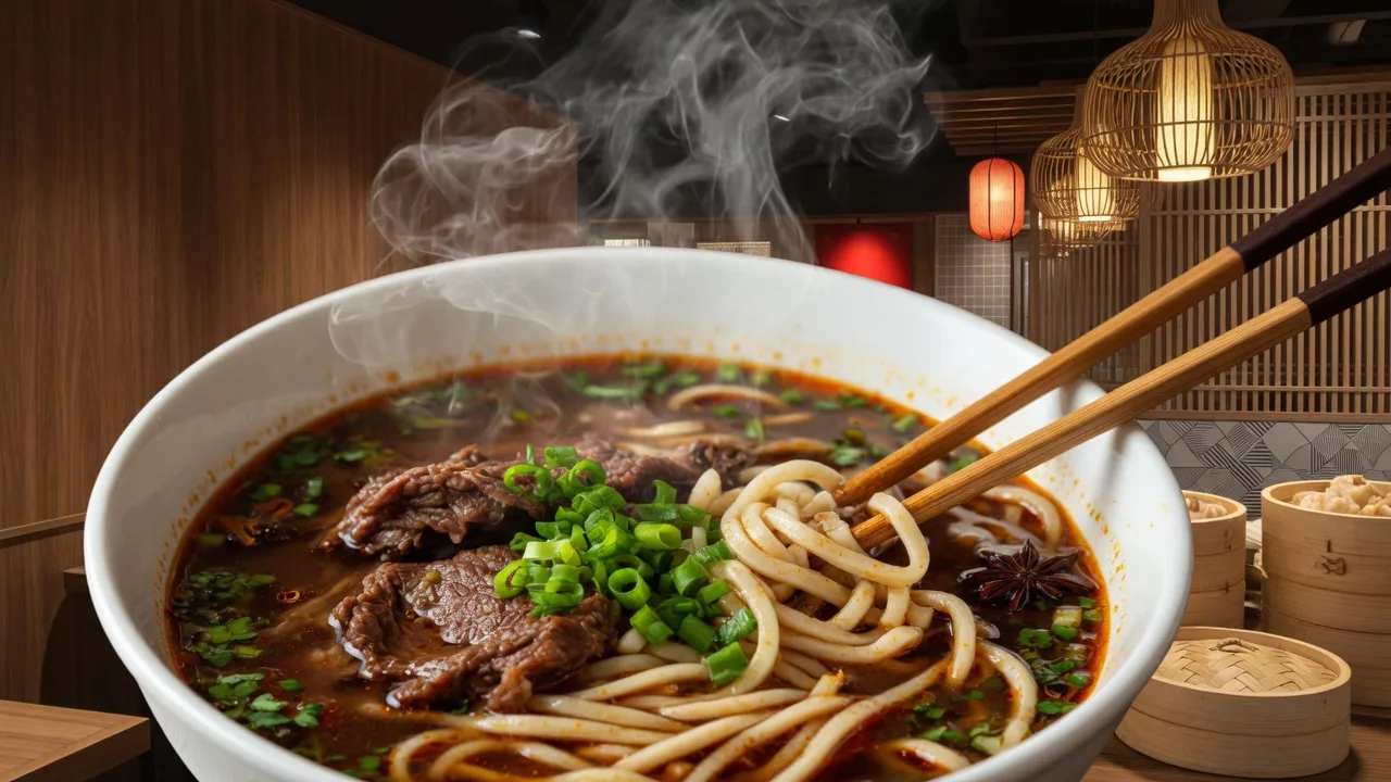 A steaming bowl of hand-pulled beef noodle soup at Shang Artisan Noodle in Southwest Las Vegas, with scallions, braised beef, and chopsticks