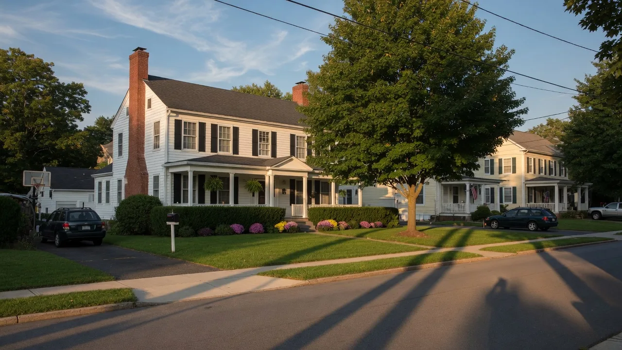 Colonial-style home on a quiet residential street in Northampton Pennsylvania under a bright blue summer sky