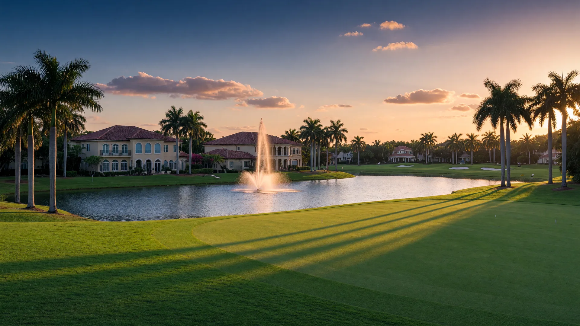 Luxury golf country club community with an emerald fairway, lake, and royal palms in Glen Eagle, Naples, Florida
