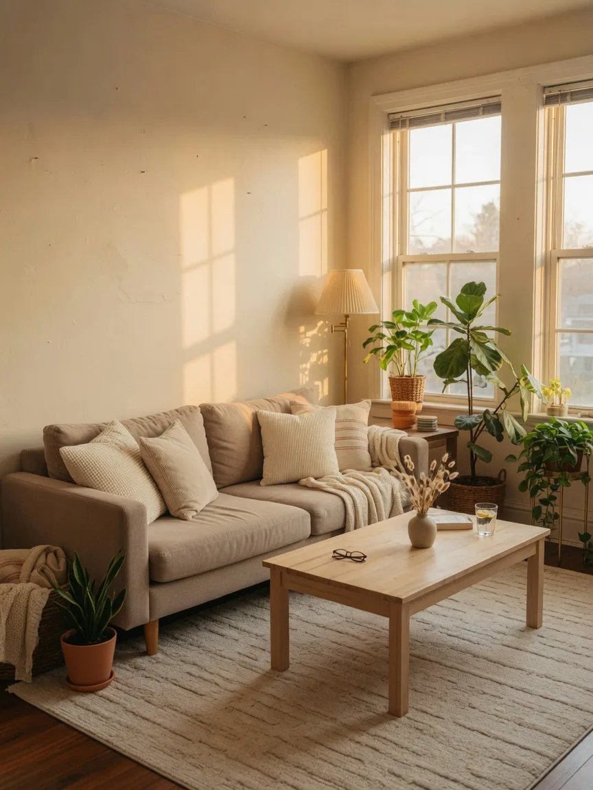 A bright, welcoming living room in a rental home, filled with warm natural light