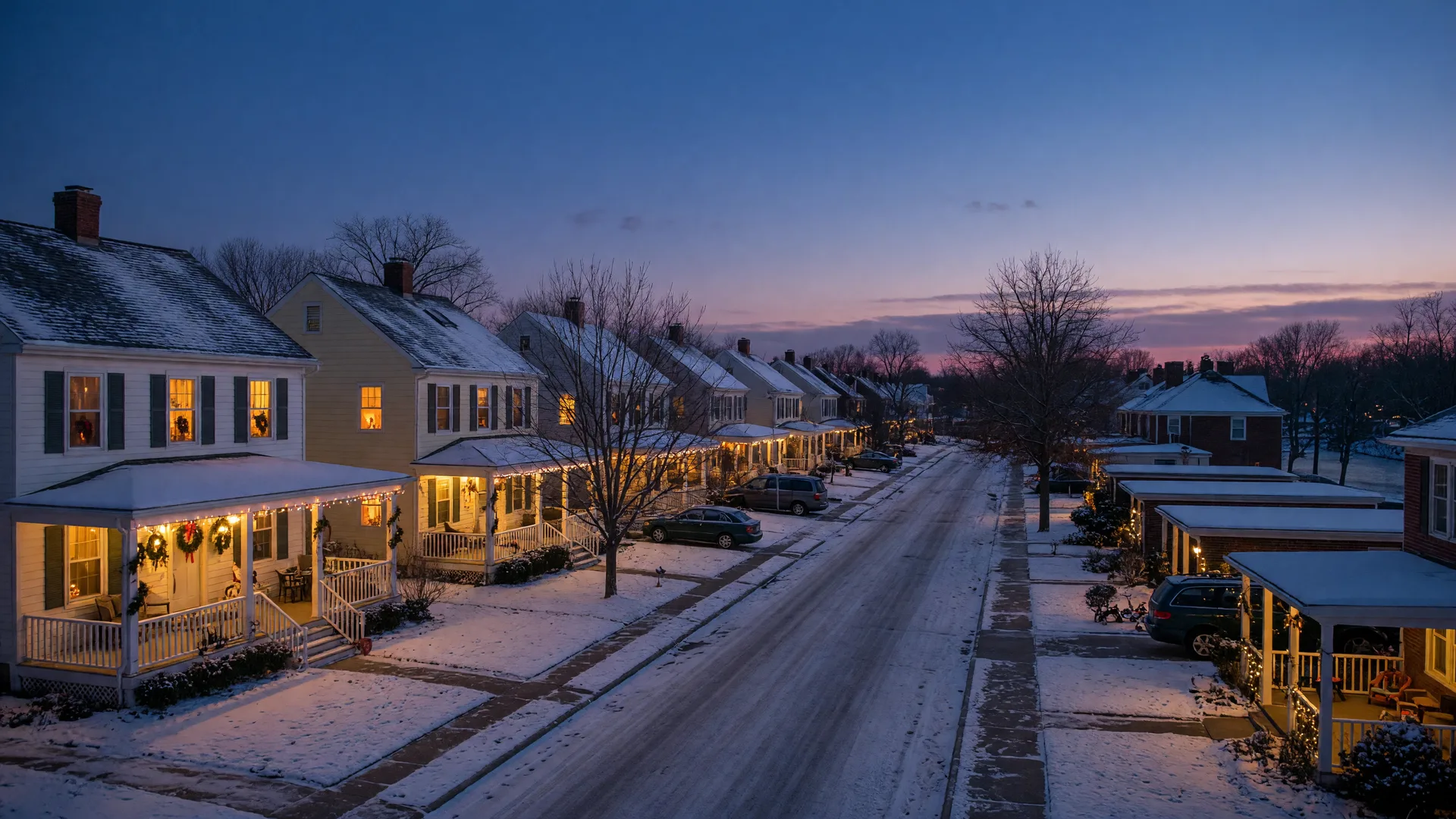 Snow-dusted residential street in Cinnaminson New Jersey at winter twilight with glowing windows and holiday lights on porches