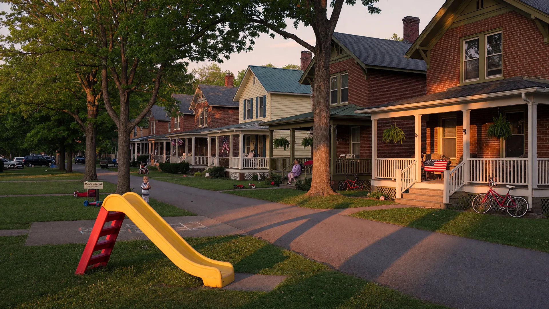 A quiet family-friendly residential street in Bowling Green at golden hour, with a small neighborhood park and playground in the foreground