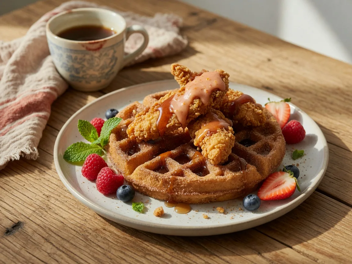 Chicken and Churros Waffle with cinnamon sugar churro waffle, golden fried chicken tenders, guava butter drizzle, and fresh berries at The Brunch Apothecary in Dacula Georgia