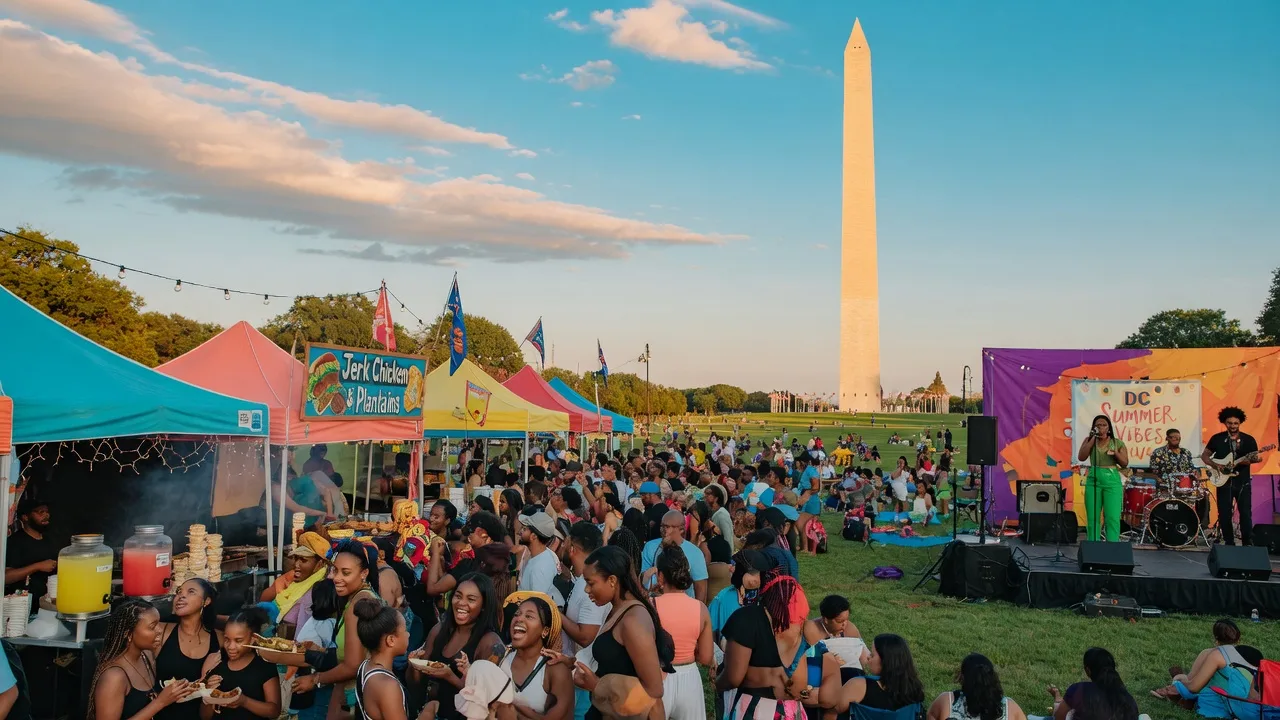Summer festival scene in Washington DC with diverse crowds enjoying outdoor food stalls, a live music stage, and the Washington Monument visible in the background under a bright blue sky