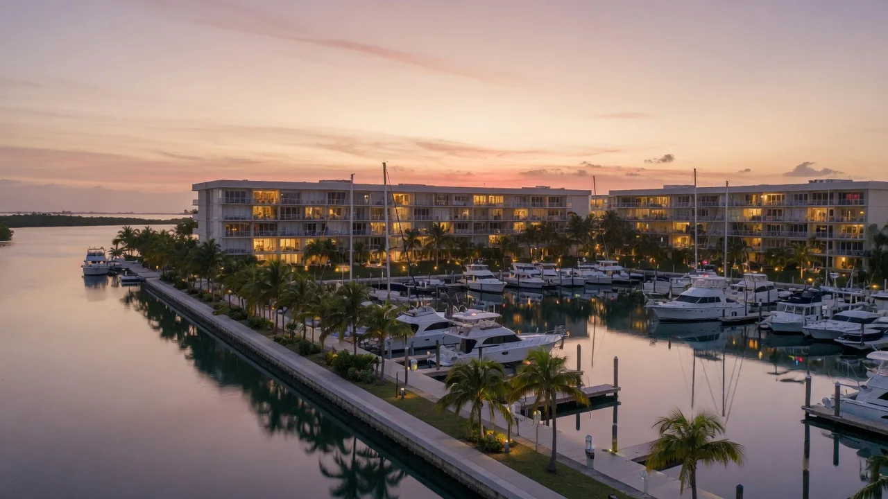 A luxury waterfront condominium community in the Florida Keys at dusk, a modern low-rise building with warm balconies and impact glass rising above a calm marina basin, rows of yachts and sailboats at private docks, palm trees along the seawall, a champagne and lavender sky reflected in the water