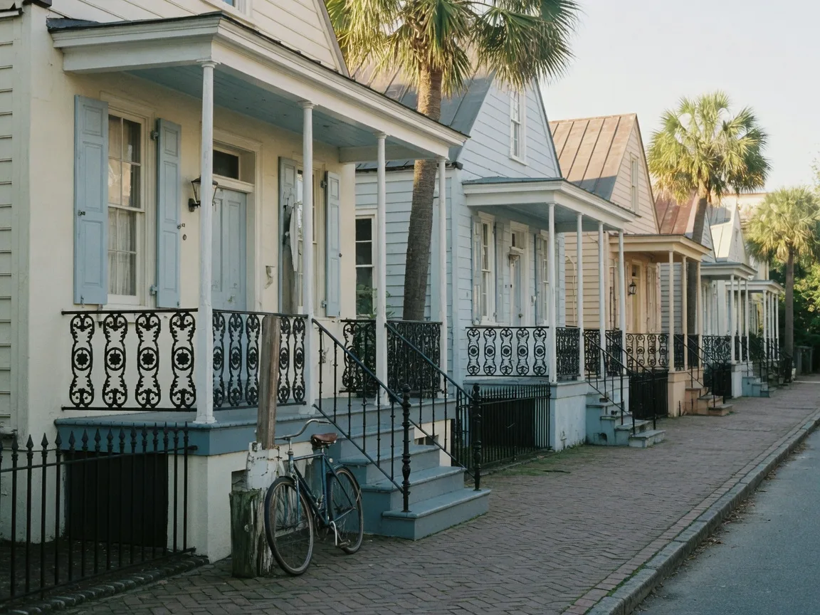 Pastel Charleston single houses with piazzas and ironwork along a brick sidewalk