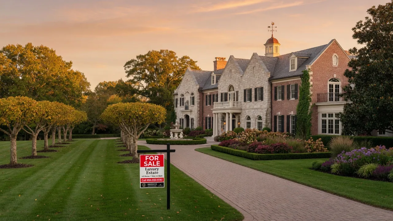 Grand South Jersey luxury estate home with a For Sale sign in front, stone and brick architecture, and manicured lawn