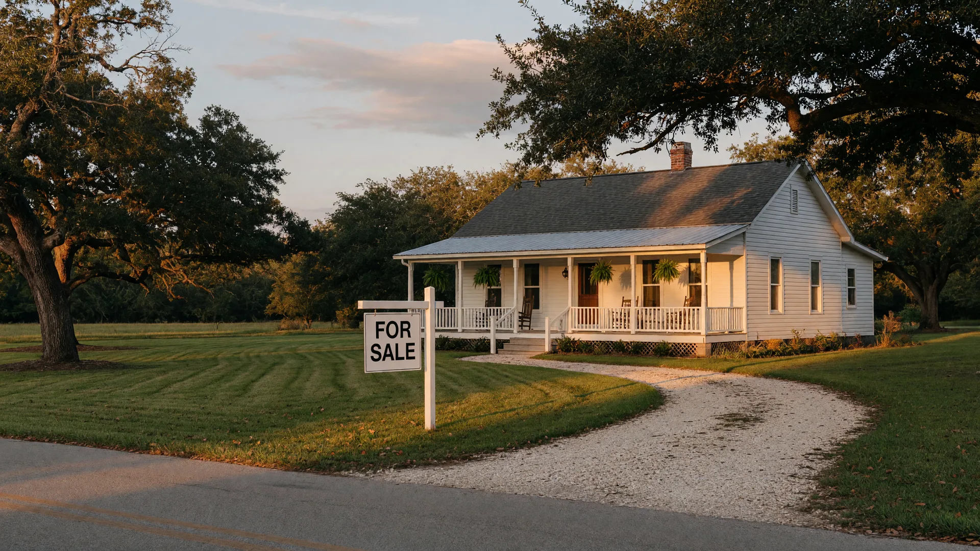Texas farmhouse with a For Sale sign in the front yard on a quiet Washington County country road at golden hour