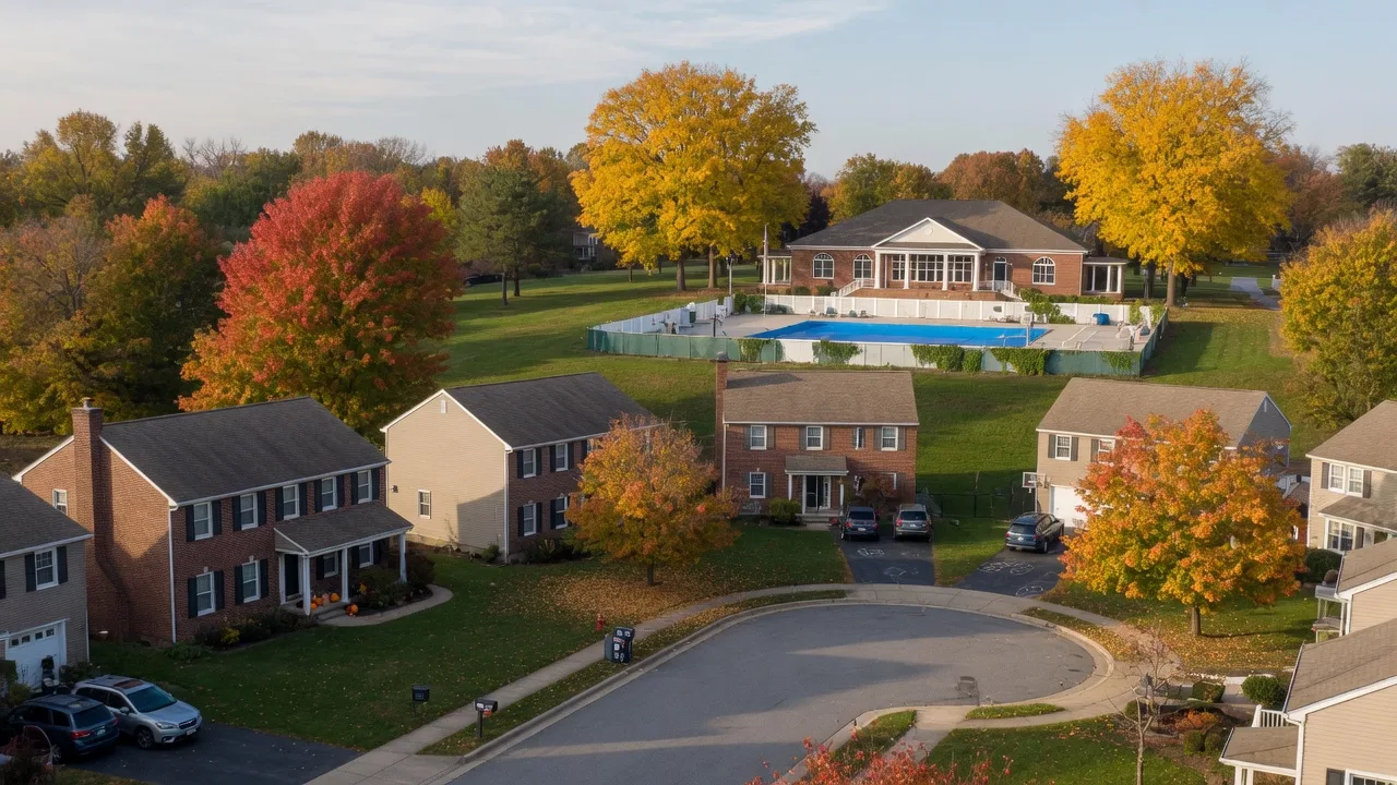 Established Upper Dublin Township, Pennsylvania neighborhood with brick colonials along a tree-lined street in autumn