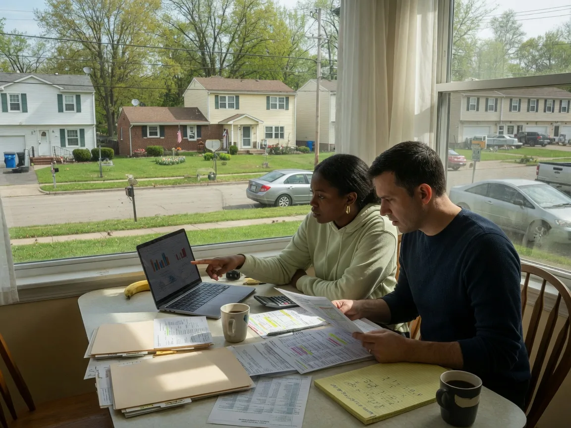 A young couple comparing housing options at a kitchen table with a laptop and financial documents in a Dayton Ohio home with natural daylight streaming through the window
