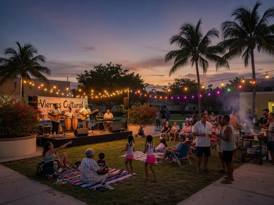 An outdoor evening concert and block party at a South Florida cultural plaza, a band on stage under warm festival lights with families gathered on the lawn